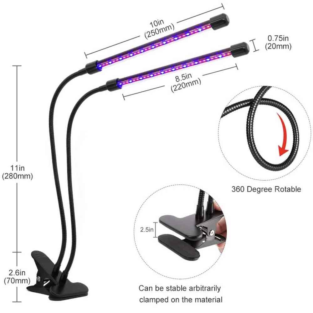 Dual Head LED Grow Light, 40 W dimensions and specifications